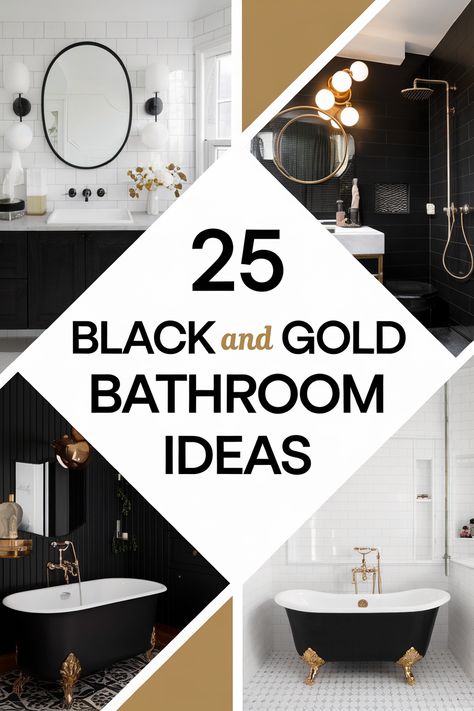 Black and gold bathroom decor is a timeless combination that adds elegance and sophistication to any space.  Explore matte black tiles, gold fixtures, and metallic accents.  Discover black marble countertops, gold-framed mirrors, and elegant black bathtubs.  Find inspiration for gold shower heads, black and gold wallpaper, and opulent lighting fixtures to design a sophisticated and glamorous bathroom that exudes luxury and style. Small Bathroom Ideas Black And Gold, White Black Gold Bathroom Ideas, Black And Gold Toilet Room, Black And Gold Accent Wall Bathroom, Black Elegant Bathroom, Black Pink And Gold Bathroom, Black And Gold Bathroom Aesthetic, Bathroom With Black And Gold Fixtures, Small Black Bathroom Ideas Paint