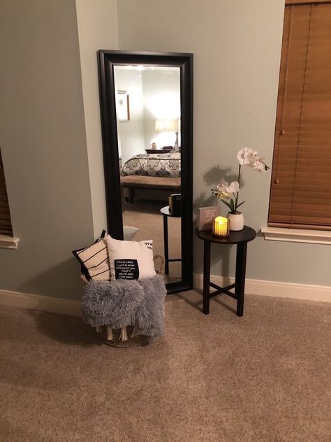 Standing Mirror In Bedroom Corner Decor, Corner Mirror Living Room, Floor Mirror Corner, Floor Mirror Living Room, Floor Mirror Decor, Stylish Room Decor, Mirror Decor Living Room, Corner Ideas, Bedroom Ambiance