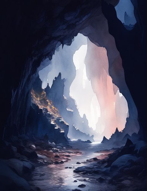 Cave Landscape Concept Art, Landscape References, Lighting Reference, Dark Cave, Environment Painting, Landscape Concept, Journey To The West, Creature Feature, Matte Painting