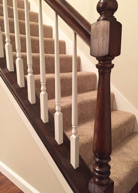 Carpet Staircase Makeover, Wood Staircase Makeover, Oak Railing Makeover, Painted Banister Ideas Colour, Staircase Railing Makeover, Staircase Makeover Paint, Stairway Upgrade, Painted Banister Ideas, Oak Staircase Makeover