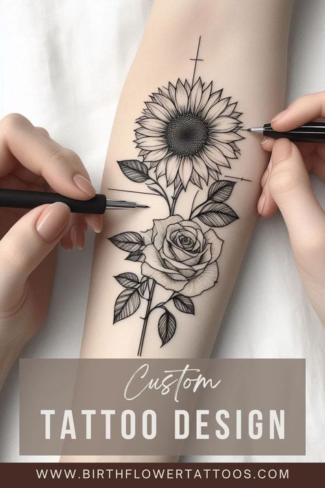 🌸✨Sunflower and Rose Flower Tattoo: A Beautiful Blend of June Birth Flowers✨🌹 Crisanthiums Flower Tattoo, Sunflower Hand Tattoo, Sunflower Rose Tattoo, Rose And Sunflower Tattoo, June Birth Flowers, Sunflower And Rose Tattoo, Small Sunflower Tattoo, Rose Flower Tattoo, Seed Tattoo