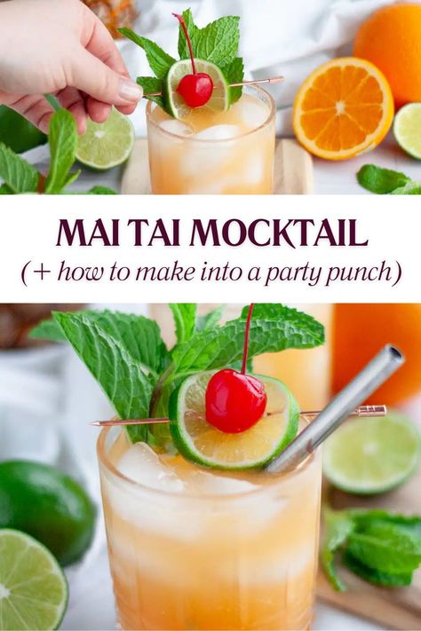 Get a taste of the tropics with the easy virgin Mai Tai recipe! This delicious drink replaces the booze in the classic Mai Tai cocktail with fruit juices and grenadine resulting in a fruity and refreshing drink everyone can enjoy, even the kiddos! So good, you won’t even miss the real thing. Virgin Mai Tai Recipe, Tiki Mocktail Recipe, Tropical Mocktails For Luau, Virgin Mai Tai, Mango Mai Tai Recipe, Best Mai Tai Recipe, Mai Tai Recipe Pitcher, Mai Tai Mocktail Recipe, Mocktail Party