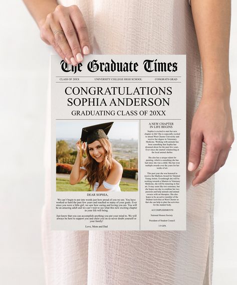 Celebrate that special graduate with this unique editable and printable Graduate Newspaper keepsake. This is also great to use as a graduation announcement! Great for High School Graduations or College Graduations. Easy to edit and print! PLEASE NOTE: This purchase is for a digital template. No physical item will be shipped. * * * * * TRY BEFORE YOU BUY * * * * * https://www.corjl.com/d/2IB8EC * * * * * QUICK HOW TO VIDEO * * * * * https://youtu.be/lK0ZgRyxmD0 * * * * * MATCHING ITEMS * * * * * Build Your Own Bundle and save 60% when you purchase 5 or more items! Go to our shop home page and search: Newspaper Or simply click here: https://tidd.ly/3rrnYFN * * * * * HOW IT WORKS * * * * * 1. After you purchase, you will receive an email with a link to log into the (FREE) platform Corjl.com 2 Newspaper Graduation Announcement, College Graduation Announcement Ideas, Grad Announcements High School, Graduation Announcements College, Graduation Newspaper, Newspaper Graduation, Graduation Announcement Ideas, High School Graduation Invitations, High School Graduation Announcements