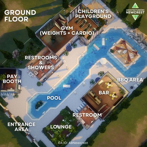 🍋 Riviera Family Pool & Gym 🍋 [swipe for floorplan] So this is the first build with the new Sims 4 Riviera Retreat kit. I will also post a reel with my favourite items from this one. 🧘 Pool type lot 🛋 Fully furnished 🍀 Functional & playtested 🏘 Basegame & Riviera Retreat ✅ No CC 📐 40x30 It's in the gallery. EA-ID: ABNewcrest 🌿 #thesims4 #sims #simstagram #showusyourbuids #sims4story Sims 4 Public Pool Ideas, Sims 4 Swimming Pool Ideas, Pool Ideas Sims 4, Sims 4 Cc Swimming Pool, Sims 4 Swimming Pool, Sims 4 Public Pool, Sims 4 Resort, Sims 4 Spa Build, Pool Sims 4