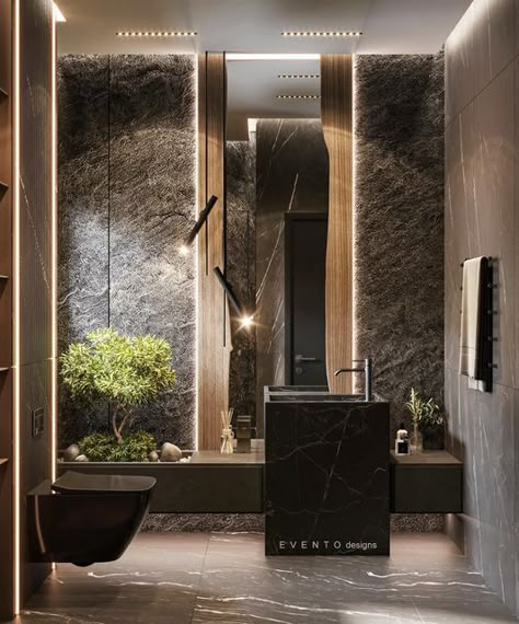 Luxury Black Bathroom Design, Bathroom Office Design, Contemporary Powder Room Design, Luxury Half Bathroom, Luxury Black Bathroom, Black Bathroom Design, Luxury Contemporary Interior Design, Bathroom Luxury Design, Contemporary Home Interiors