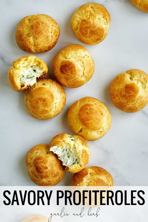 Garlic & Herb Savory Profiteroles Choux Pastry Appetizer, Savory Cream Puffs Appetizers, Savory Cream Puffs Filling, Savoury Cream Puffs, Savoury Choux Pastry, Savory Tea Snacks, Savory Fillings For Puff Pastry, Savory Cream Cheese Filling, Savory Petit Fours