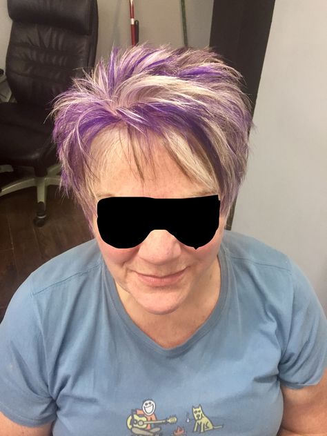 Purple hilights on white hair short White And Purple Hair Short, Short Silver Hair With Purple Highlights, White Hair Short, Platinum Blonde Hair Hint Of Purple, Purple Hairstreak Butterfly, Purple Alt Hair Short, Short White Hair, Spiky Hair, Purple Shorts