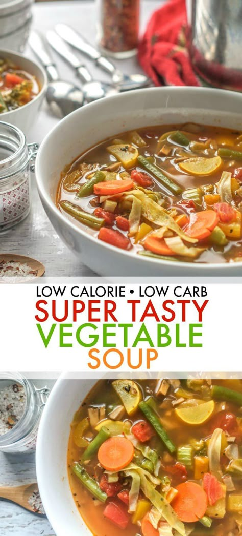 This low calorie and low carb vegetable soup is my super tasty version of that cabbage soup everyone makes. It's full of flavor and healthy vegetables and easy to freeze. Each serving has only 70 calories and 5.1g net carbs. Low Calorie Vegetable Soup, Soup Recipes Healthy Low Calories, Low Carb Vegetable Soup, Low Carb Low Calorie, Low Calorie Low Carb, Low Calorie Vegetables, Low Calorie Soup, Vegetable Soup Healthy, Quick And Easy Soup