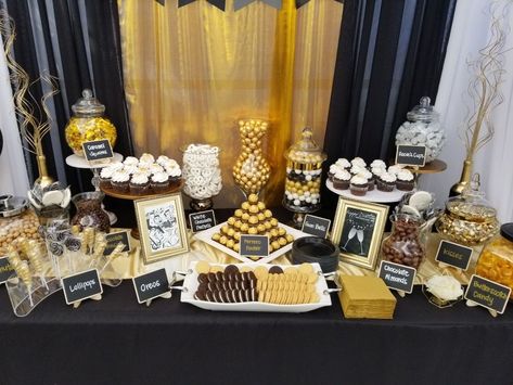 Dessert Table Ideas Black And Gold, 50th Birthday Snack Table, Desert Table Ideas Birthday Black And Gold, 50th Birthday Party Dessert Table Ideas, Black And Gold Snack Table, Gold And Black Sweets Table, Black And Gold Party Dessert Table, 50th Birthday Sweet Table Ideas, Black And Gold Candy Bar