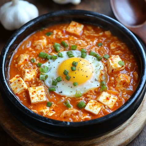 🍲 "Warm up with Korean Spicy Egg Soup—a flavorful, spicy dish that's perfect for any time you need comfort food!" 🍲🔥 #KimchiJjigae #SpicySoup Korean Spicy Egg Soup (Kimchi Jjigae) Ingredients: Kimchi (1 cup, chopped) Tofu (1/2 block, cubed) Egg (1, beaten) Garlic (2 cloves, minced) Gochugaru (1 tbsp) Soy sauce (2 tbsp) Onion (1/2 cup, sliced) Water (2 cups) Instructions: In a pot, heat garlic and kimchi until fragrant. Add water, soy sauce, and gochugaru. Bring to a boil. Stir in tofu and... Tofu Jjigae, Kimchi Aesthetic, Tofu And Kimchi, Kimchi Soup, Kimchi Jjigae, Egg Soup, Spicy Eggs, Tofu Soup, Instagram Recipes