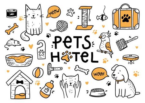 Pet Doodles Art, Pet Hotel Logo, Pets Hotel, Pets Stickers, Dog Doodles, Animal Shelter Design, Pets Illustration, Hotel Pet, Calendar Shoot