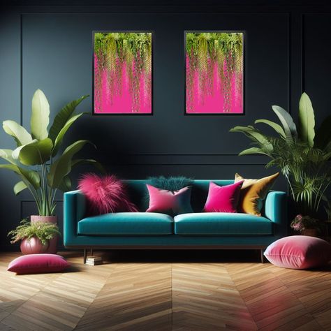 Embrace the bold and lively vibes with the Hot Pink Tropical Hanging Botanical Wall Art set of 2. This vibrant maximalist print set is a must-have for anyone seeking to inject a bit of extravagance into their living space. The radiant hot pink tropical print is a hanging foliage design of tropical vines, creating an irresistible marriage between colour and nature. Emanating with an energetic yet soothing aura, this art piece promises to be the empowering accent piece your walls have been craving Vibrant Maximalist, Luxurious Home Office, Maximalist Design, Pink Living Room, Wall Art Set Of 2, Pink Tropical, Art Set Of 2, Pink Accents, Botanical Wall Art