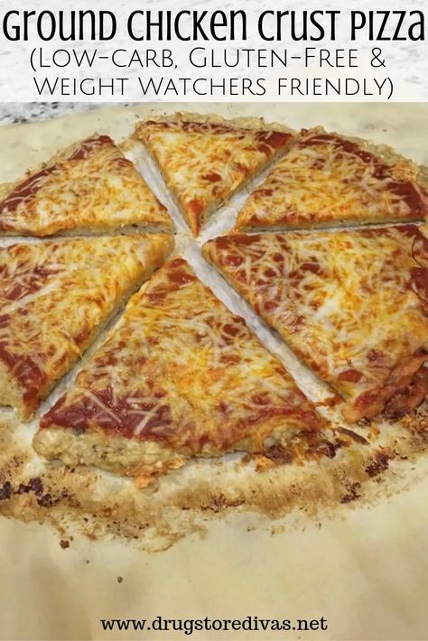 Ground Chicken Crust Pizza Recipe | Drugstore Divas Ground Chicken Crust Pizza, Ground Chicken Pizza Crust, Ground Chicken Pizza, Chicken Pizza Crust, Gluten Free Weight Watchers, Chicken Crust, Chicken Crust Pizza, Weight Watchers Chicken, Easy Crockpot Chicken