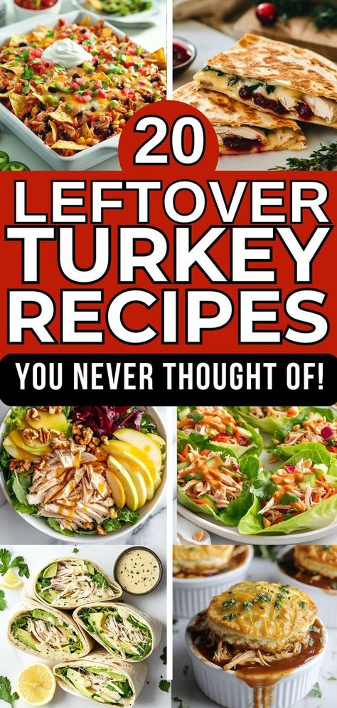 Discover 20 creative and delicious leftover turkey recipes to make the most of your holiday leftovers! From fresh salads and wraps to unique casseroles and soups, these recipes for leftover turkey will help you turn leftover roast turkey into exciting, healthy meals you never thought of. Perfect for using up Thanksgiving or Christmas leftovers! Dishes With Leftover Turkey, Recipes With Leftover Thanksgiving Food, Holiday Leftover Recipes, Turkey Recipes Leftover Healthy, Roasted Turkey Leftover Recipes, Leftover Turkey And Dressing Recipes, Recipes For Leftover Turkey Easy, Leftovers Turkey Recipes, Recipes For Thanksgiving Leftovers