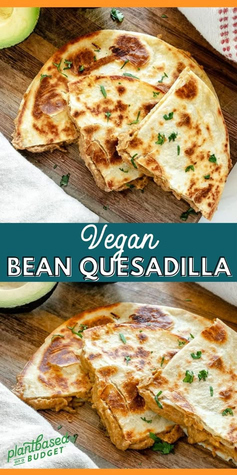 Vegan Quesadillas, Bean Quesadilla, Vegan Refried Beans, Vegan Bean Recipes, Vegan Quesadilla, Vegan Bean, Vegan Mexican Recipes, Plant Based Snacks, Vegan Beans