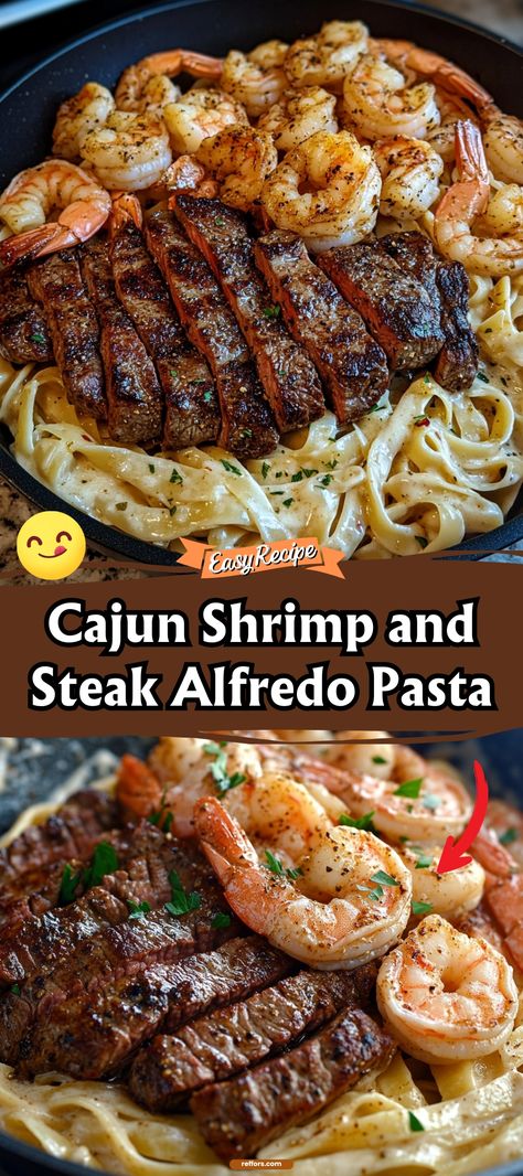 Unleash a burst of flavor with Cajun Shrimp and Steak Alfredo Pasta. This dish combines the spicy kick of Cajun seasoning with the creamy richness of Alfredo sauce for a satisfying fusion of tastes. #CajunAlfredo #ShrimpAndSteak #PastaNight Steak Alfredo Pasta Olive Gardens, Pepper Steak And Shrimp Recipe, Steak And Shrimp Cajun Pasta, Easy Steak And Shrimp Recipes, Cajun Steak And Shrimp Alfredo Pasta, Steak Shrimp Alfredo Pasta, Spicy Cajun Steak Alfredo Pasta, Creamy Cajun Steak Pasta, Cajun Shrimp & Steak Alfredo Pasta