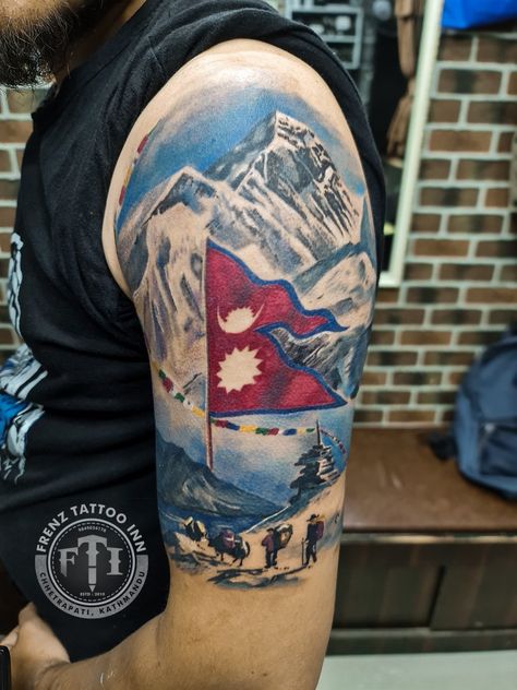 Nepal Flag Tattoo, Nepal Tattoo Ideas, Nepali Tattoo Design, Nepali Tattoo, Nepali Flag, Nepal Tattoo, Family Tattoos For Men, Ancient Tattoo, Landscape Tattoo