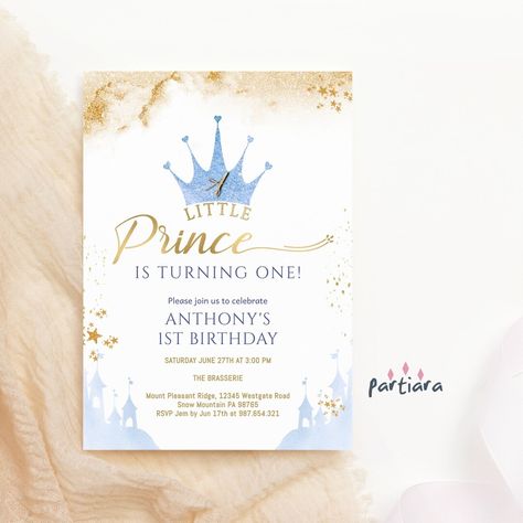 This Invitations item is sold by partiara. Ships from United States. Listed on 06 May, 2024 Royal Prince Birthday Theme, Royal Birthday Invitation, Prince Invitation, Gold Header, Prince Birthday Theme, Header Text, Gold Castle, Invitation First Birthday, Prince Theme