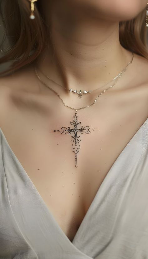 This minimalist cross tattoo features subtle linework and clean detailing, perfect for women seeking a modern and sleek design on the chest. Minimalist Cross Tattoo, Cross Tattoo Ideas, Contemporary Tattoo, Tattoo Ideas For Women, Minimalist Pattern, Cross Tattoo, Minimalist Tattoo, Tattoo On, Ink Art