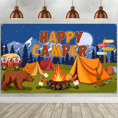 PRICES MAY VARY. Size information: this camping backdrop measure approx. 72.8 x 43.3 inches, large enough for camper party decorations and photography at a family party, and will add a touch to the adventure theme party Lasting material: our camper party decoration banner is made of fabric, which is non-reflective, light in weight, washable, tear-resistant and no bad smells, you can easily fold, carry or hang it where you want as a decoration, it will be an ideal addition to camping party Suitab Camping Baby Shower Ideas, Camping Themed Party Decorations, Camping Backdrop, Vbs Camping Theme, Motor Sensory Activities, Husband Birthday Parties, Giving Campaign, Camping Party Decorations, Woodland Classroom