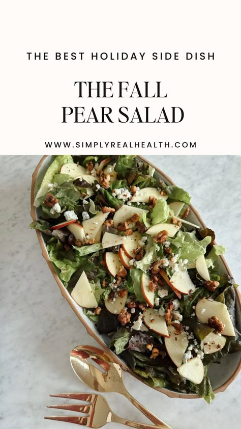 Simply Real Health | This recipe is perfect for any fall or festive occasion. Feel free to swap the type of salad greens (frisee, red leaf, green leaf, bibb and little gems all work well here), as well as using red pears, anjou pears or crisp red apples. Goat cheese, blue cheese or feta would all work well here too, so use what you have and what you love! #SimplyRealHealth #PearFallSalad #FestiveSideDish #HolidayCooking #HolidaySalad Steak Pear Salad, Fall Pear Salad Recipes, Green Salad With Pears, Pear Salad Recipes Simple, Pear And Goat Cheese Salad, Winter Pear Salad, Pear Goat Cheese Salad, Frisee Salad, Pear And Blue Cheese Salad