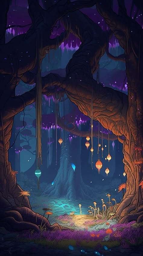 The Last Unicorn Landscape, Mystical Fairy Forest, Mythical Forest Drawing, Mushroom Landscape Painting, Fairy Forest Illustration, Magic Painting Ideas, Mushroom Forest Illustration, Fantasy Glowing Forest, Whimsical Forest Painting