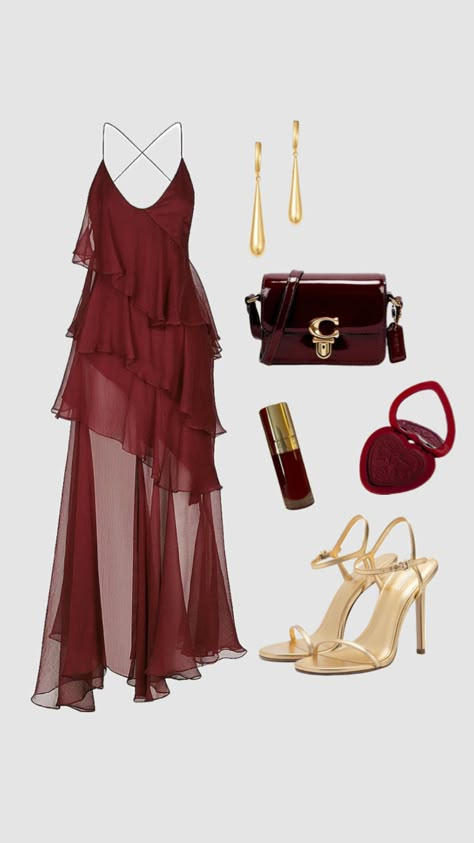 Deep red partially sheer dress paired with gold tones #outfitinspo #personalstylist #personalstyle #fashion #fashioncommunity #youruniquelook #reddress Flowy Sheer Dress, Gold Jewelry Red Dress, Red Gold Outfit, Gold And Red Outfit, Elegant Red Dress Aesthetic, Deep Red Outfits, Luxury Red Romantic Dress, Chic Red Ruffle Dress, Luxury Red Feminine Dress