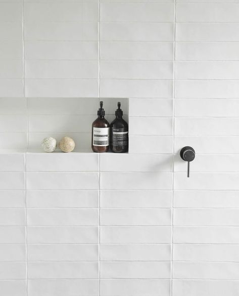 White Stacked Tile Shower Wall, Boston Condo, Restroom Ideas, Tiled Bathrooms, Living Bathroom, Subway Tiles Bathroom, White Wall Tiles, Pool Bath, White Subway Tiles