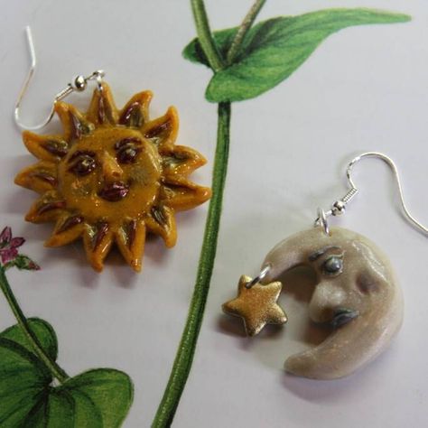 Sun And Moon Clay, Moon Clay Earrings, Earrings Sun And Moon, Moon Clay, Sun And Moon Earrings, Face Jewellery, Basic Jewelry, Moon Earrings, Sun And Moon