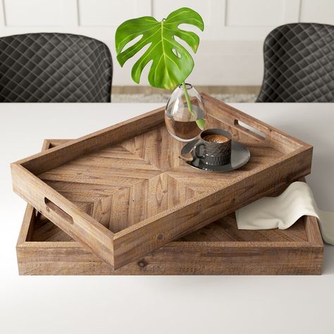 Mercury Row® Dundalk Geometric Wood Accent 2 Piece Serving Tray Set & Reviews | Wayfair Rustic Tray, Accent Tray, Serving Tray Set, Wooden Food, Carving Art, Wood Accent, Serving Tray Wood, Large Tray, Small Tray