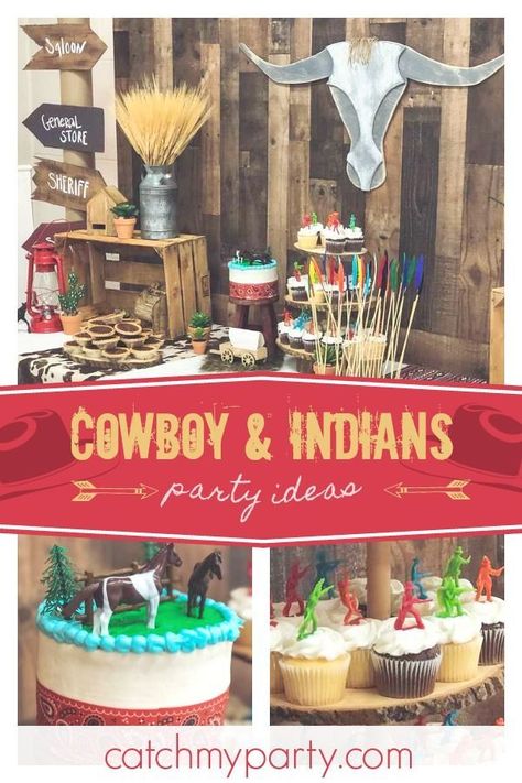 Take a look at this cool cowboys and Indians 1st birthday party! The cupcakes are so much fun! See more party ideas and share yours at CatchMyParty.com  #catchmyparty #partyideas #cowboysandindiansparty #boy1stbirthdayparty Cowboys And Indians Party, Cowboy And Indian Party, Cowboy And Indian Birthday Party, Cowboys And Indians Birthday Party, Cowboy Birthday Theme, Indian Birthday Party, Cowboy And Indian, Indian Birthday Parties, Cool Cowboy