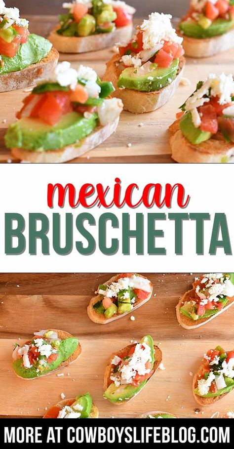 Party Bruschetta, Mexican Bruschetta, Bruschetta Appetizers, Mexican Finger Foods, Appetizers Appetizers, Easy Bruschetta Recipe, Mexican Food Recipes Appetizers, Mexican Party Food, Mexican Appetizers