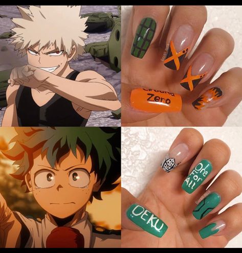 Anime Nails My Hero Academia, My Hero Academia Nail Art, Bakudeku Nails, My Hero Academia Nails Acrylic, Mha Nail Designs, Deku Nails, Bakugou Nails Art, My Hero Academia Inspired Nails, Bakugo Nails