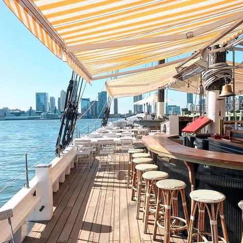 Booze On A Boat: The Best Floating Bars In NYC Bungalow Hotel, Boat Restaurant, Boat Marina, Boat Bar, Floating Restaurant, Floating Boat, Boat Wedding, Waterfront Dining, Water Projects