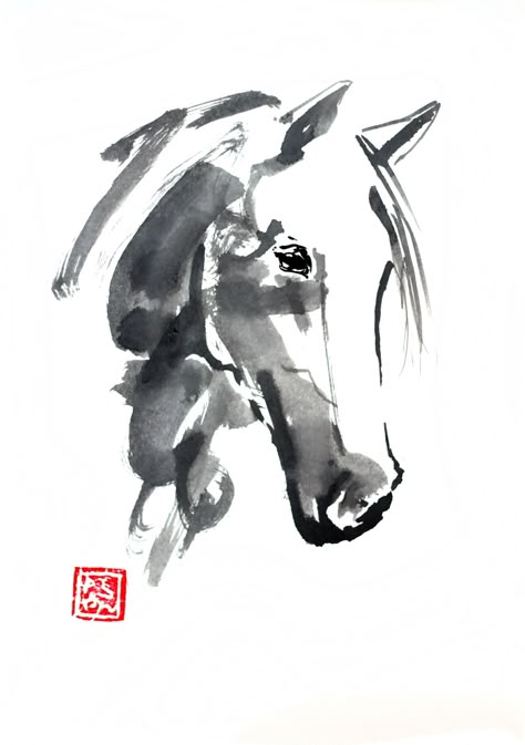 Watercolor Horse Painting, Japan Painting, Chinese Brush Painting, Chinese Brush, Asian Painting, Watercolor Horse, Brush Painting, Horse Drawings, Animal Sketches