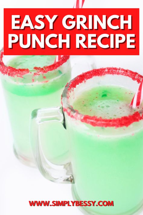 Easy Grinch Punch Recipe with Only 3 Ingredients - Simply Bessy Grinch Punch Recipe, Lime Sherbet Punch, Christmas Margarita, Grinch Drink, Easy Party Punch, Grinch Punch, Juice Party, Christmas Party Drinks, Fun Straws