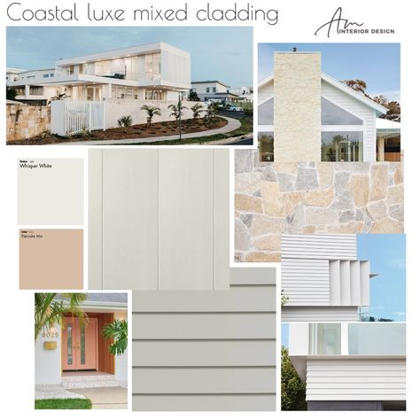 Facade Mood Board, Modern Coastal Exterior, Coastal Luxe Interiors, Driveway Front Yard, Coastal Facade, Greek Style Home, Style Sourcebook, Weatherboard Exterior, Mid Century Modern Palm Springs