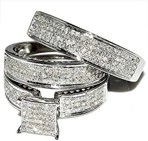 PB Collection His and Hers Wedding Ring Set Matching Trio Wedding Bands for Him Her 925 Sterling Silver Engagement Rings Sets, Princess Wedding Rings, Wedding Rings Sets His And Hers, Round Diamond Wedding Rings, Quality Rings, Rings Sets, Cheap Wedding Rings, Trio Ring, Wedding Rings Round