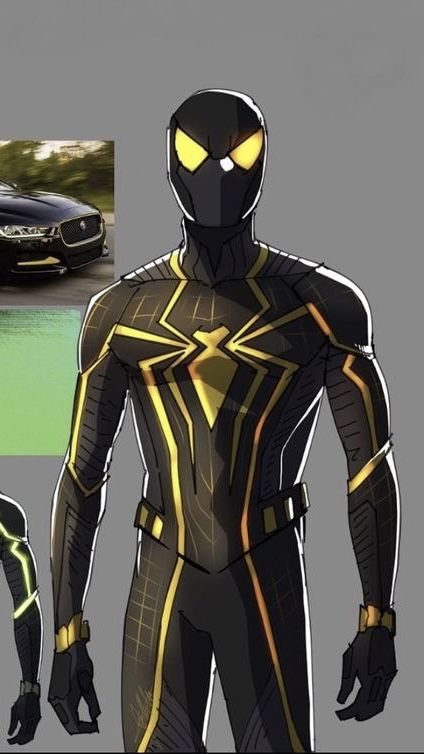 Black And Yellow Spiderman Suit, Spiderman Suit Design Concept, Venom Oc Male, Spider Man Oc Suits, Spiderman Suit Designs, Spidersona Design, Spidersona Oc, Spider Suits, Spidersona Art