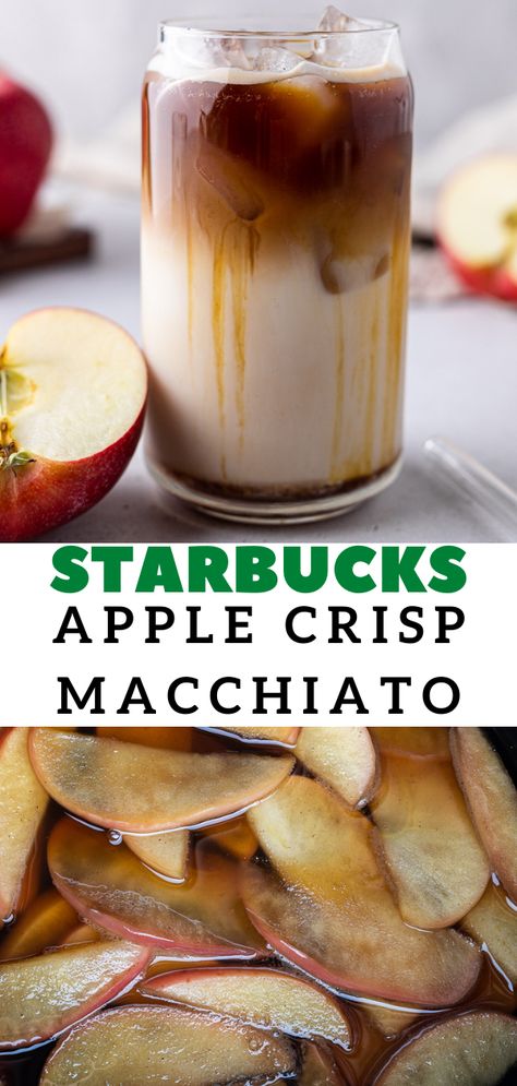 This Starbucks apple crisp macchiato is their newest addition to their autumn menu. It is made with an apple simple syrup, 2% milk, espresso coffee, and a thick apple crisp drizzle. It is refreshing yet perfectly spiced for the fall season. The best part is that this is a gluten-free Starbucks drink! It tastes just like straight-up apple crisp and might be even better than the OG pumpkin spice latte that we all wait for! #starbuckscopycat #applecrispmacchiato #applemacchiato #falllatte Iced Apple Crisp Oatmilk Macchiato, Iced Apple Crisp Macchiato, Apple Crisp Macchiato Recipe, Starbucks Expresso, Apple Crisp Oatmilk Macchiato, Apple Crisp Macchiato, German Coffee, Macchiato Recipe, Apple Brown Sugar