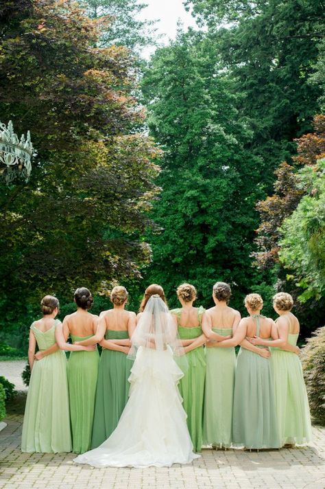 Mismatched green bridesmaid dresses. Bride And Her Bridesmaids, Green Themed Wedding, Mismatched Bridesmaids, Baltimore Wedding, Wedding Color Inspiration, Wedding Palette, Green Bridesmaid, Green Dresses, Green Bridesmaid Dresses