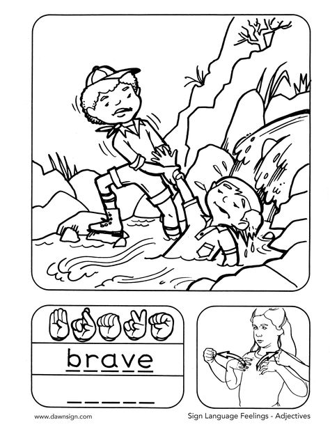 Color this fun printable that includes the sign, fingerspelling, and an image for the word "Brave". #ASL #AmericanSignLanguage #ASLforKids #ASLColoringPages #SignLanguageFeelings #ASLPrintables Asl Coloring Pages, Mentor Activities, Nanny Ideas, Forest Classroom, Sign Language Words, Asl Sign Language, Asl Signs, Kindergarten Readiness, American Sign Language