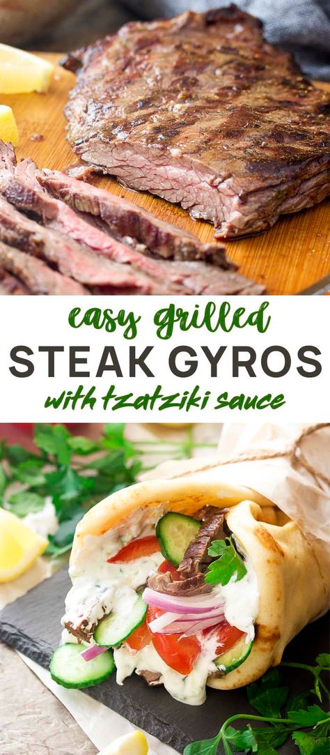 For a great beef dinner with Greek flavors make grilled skirt steak gyros tonight! A quick marinade and homemade tzatziki sauce along with a few toppings and some pita bread are all you need. | justalittlebitofbacon.com #greekrecipes #gyros #beefrecipes #grillingrecipes #greek #skirtsteak Gyro Recipe Beef, Steak Gyros, Grill Tips, Skirt Steak Marinade, Beef Gyro, Bacon Burgers, Grilled Skirt Steak, Greek Gyros, Greek Dinners