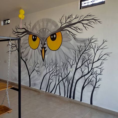 Owl Mural, Outdoor Murals, Mural Ideas, Frame House, Plaster Art, A Frame House, Colorful Feathers, Ink Pen Drawings, Mural Art