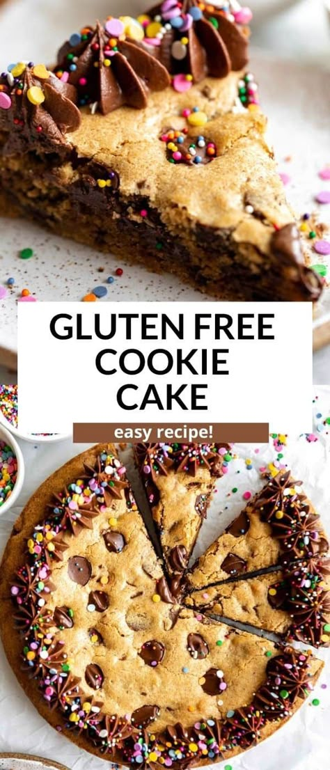 This gluten free cookie cake is easy to make, dairy free friendly and perfect for fun party dessert. This cookie cake is loaded with chocolate chips and topped with frosting. Christmas Treats Gluten Free Dairy Free, Really Good Gluten Free Recipes, Gf Dairy Free Snacks, Good Gluten Free Desserts, Gf Cookie Cake, Gluten Free Dairy Free Cookie Cake, Amazing Gluten Free Desserts, Gluten Free Breakfast Desserts, Easy Baking Recipes Gluten Free