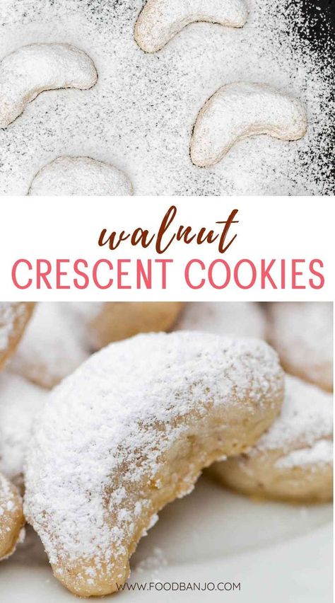 walnut crescent cookies with powdered sugar Walnut Crescent Cookies Recipe, Crescent Roll Cookies, Powdered Sugar Cookies, Walnut Cookie Recipes, Almond Crescent Cookies, Healthy Christmas Cookies, Fall Cookie Recipes, Crescent Cookies, Cute Christmas Cookies