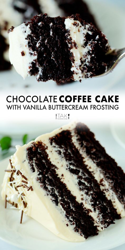 Best Chocolate Cake With White Frosting, Chocolate Coffee Cake Recipes, Coffee Chocolate Cake, Fluffy Buttercream, Chocolate Coffee Cake, Chocolate Cake With Coffee, Chocolate Cake Recipe Moist, Torte Cupcake, Recipes Savory