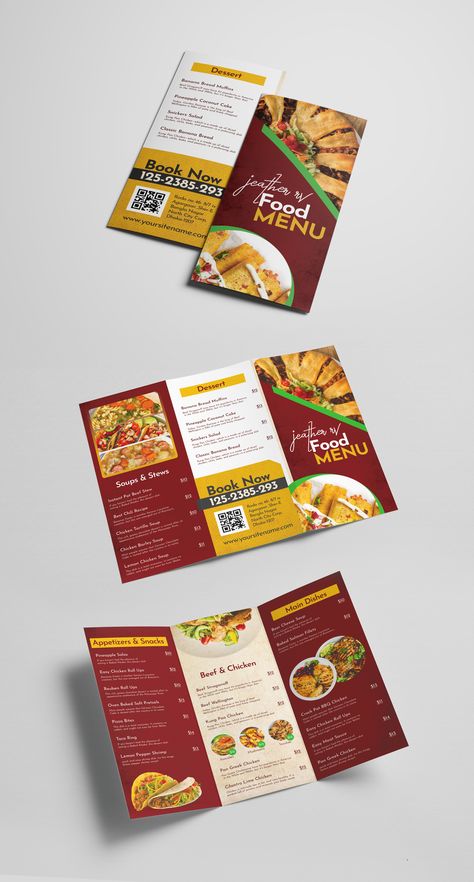 This is A4 size trifold brochure template. Food Brochure Design Creative, Brochure Design Food, Trifold Menu Design, Menu Brochure Design, Brochure Restaurant, Menu Trifold, Letterhead Design Inspiration, Food Brochure, Menu Brochure