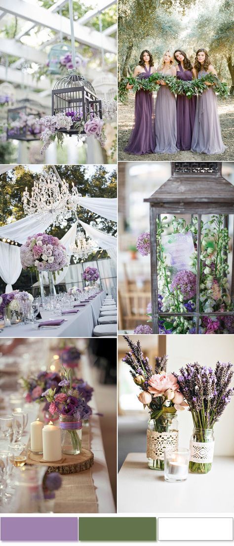 Romantic Lavender,Green and White Wedding Color Combinations Purple And White Wedding, Purple And Green Wedding, Wedding Color Palettes, Wedding Color Combinations, Lavender Bridesmaid, Lavender Bridesmaid Dresses, Rustic Wedding Decorations, Rustic Party, Cowboy Wedding