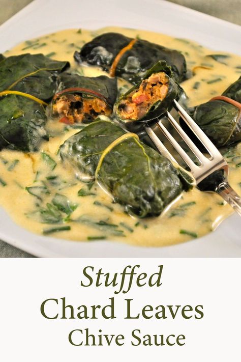 Rainbow Chard Leaves, stuffed with Sausage, served on creamy Yogurt Chive Sauce - think #Dolmades but with chard from the garden. #ChardLeaves #Chard #StuffedVegetables #CookingForTwo Chive Sauce, Rainbow Chard Recipes, Chard Recipes, Creamy Yogurt, Sage Sausage, Rainbow Chard, Dark Leafy Greens, Gluten Free Recipes Easy, Light Lunch